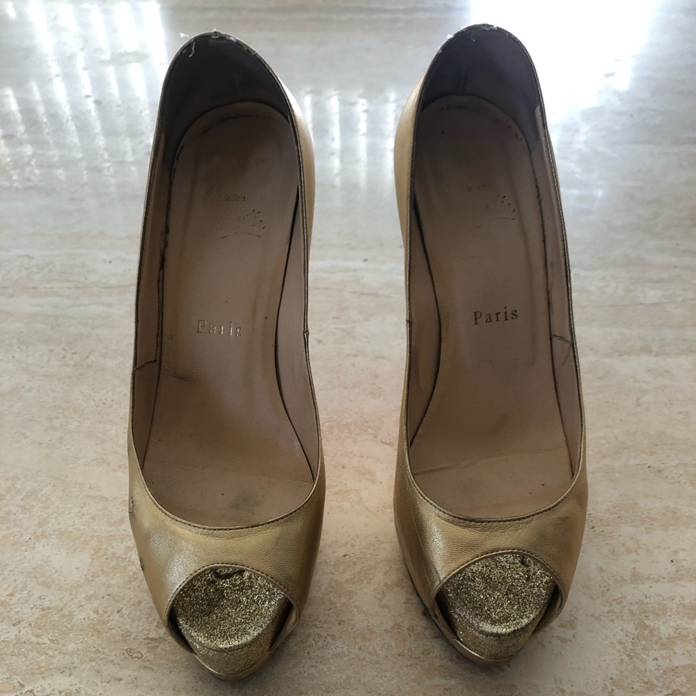 Christian Louboutin Gold sparkle peep toe heels